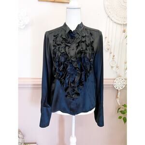 See by Chloe Black Silk Ruffle Front Button Up Blouse Size 4